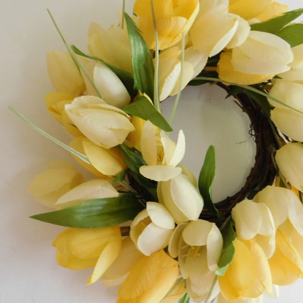 Artificial Yellow Tulip mini Wreath 12 Inch Diameter Farmhouse Decor Candle Ring